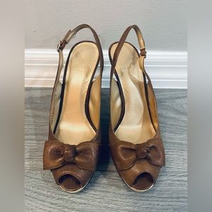 STUART WEITZMAN Size 7.5 Walnut Leather Friller Peep Toe Slingback Heels